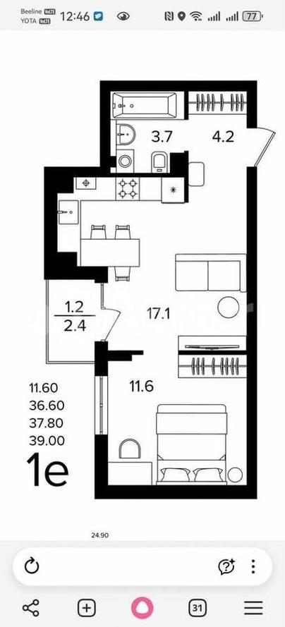 1-комн. квартира, 37.8 м&sup2;